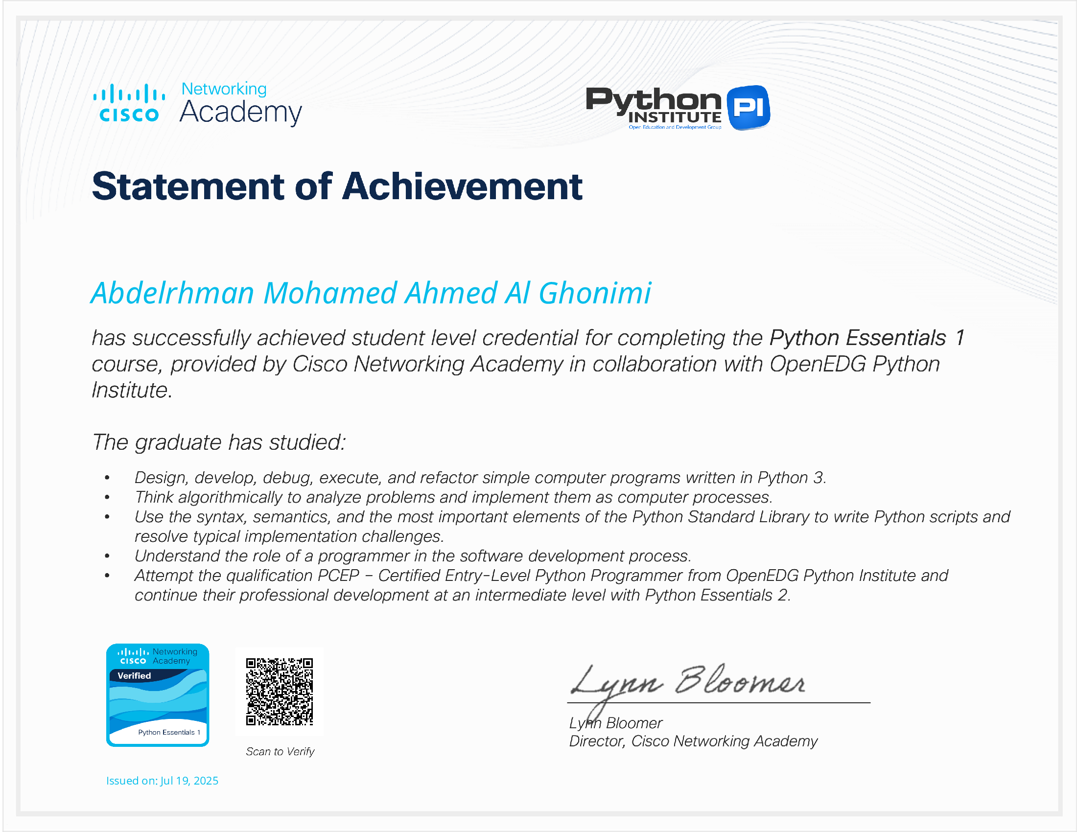 Python Essentials 1 Certificate